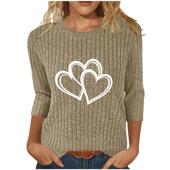 successthop Womens Shirts Graphic Ribbed 3/4 Sleeve Top Oversized Crewneck Pullover T Shirt Loose Heart Clothes Brown L