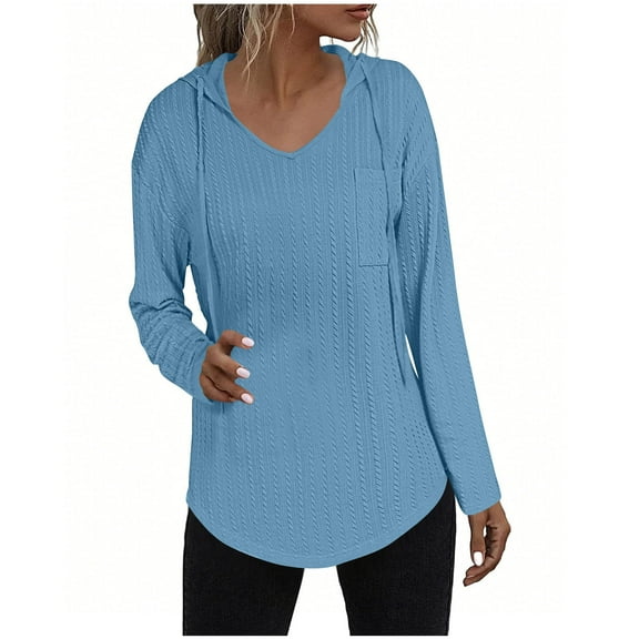 successthop Womens Shirts V Neck Knitted Curved Hem Long Sleeve Tunic Top Pullover T Shirt with Pocket Solid Clothes XL