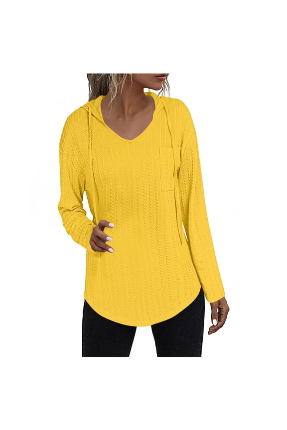 Womens Shirts V Neck Knitted Curved Hem Long Sleeve Tunic Top Pullover T Shirt with Pocket Solid Clothes XL