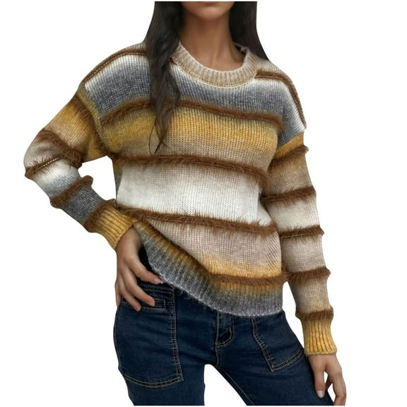 successthop Womens Striped Sweater Fuzzy Long Sleeve Top Crewneck Stylish Pullover Knitwear Color Block Casual Clothes