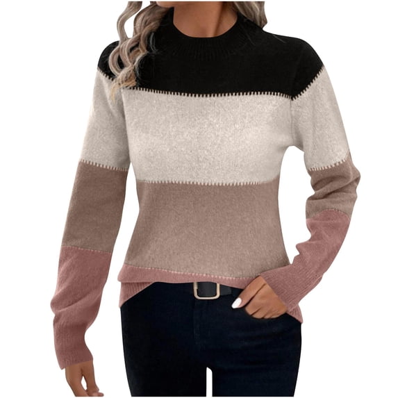 successthop Womens Striped Sweater Knitted Long Sleeve Outwear Crewneck Casual Pullover Top Color Block Clothes Black S