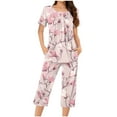 thumbnail image 1 of successthop Womens Summer Pajamas Capri Sets Hot Pink Lightweight Plus Size Floral Short Sleeve Button 2 Piece Loungewear 2XL, 1 of 4