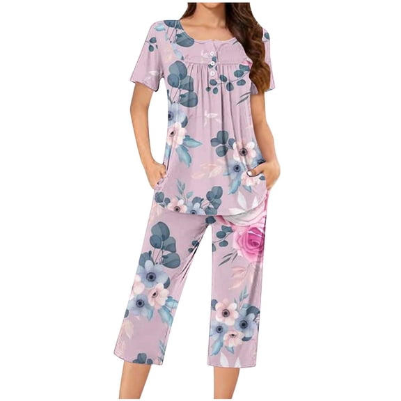 successthop Womens Summer Pajamas Capri Sets Lightweight Plus Size Floral Short Sleeve Button 2 Piece Loungewear 3XL Multicolor