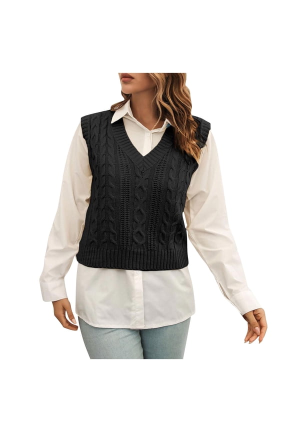 Womens Sweater Vests Cable Knit Ribbed Sleeveless Top V Neck Trendy Pullover Outwear Jacquard Solid Clothes