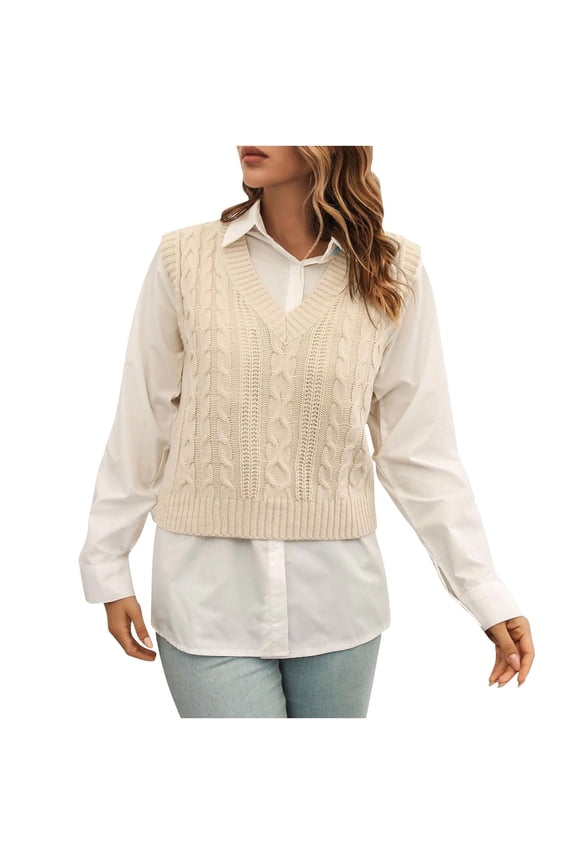Womens Sweater Vests Cable Knit Ribbed Sleeveless Top V Neck Trendy Pullover Outwear Jacquard Solid Clothes