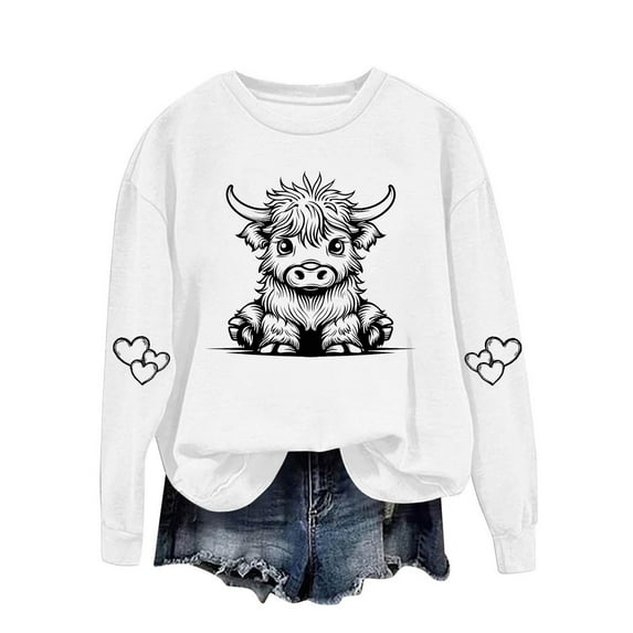 successthop Womens Sweatshirts Vintage Cow Crewneck Long Sleeve Sweatshirts Casual Pullover Hoodie Graphic Print Blouse