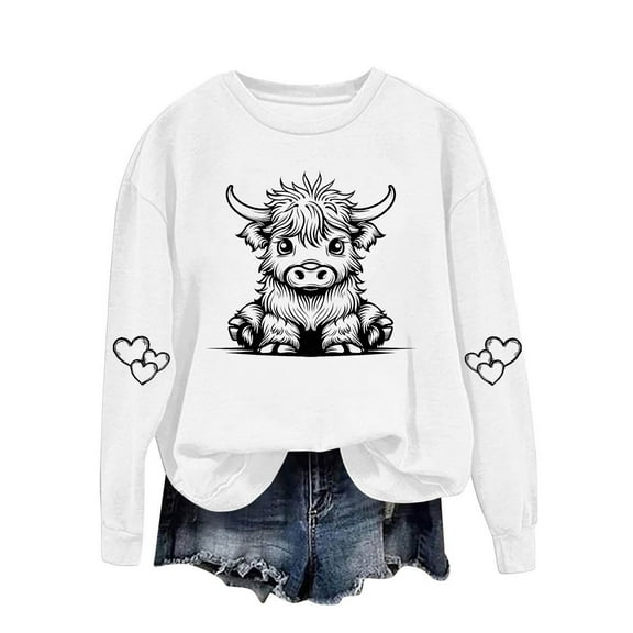 successthop Womens Sweatshirts Vintage Cow Crewneck Long Sleeve Sweatshirts Casual Pullover Hoodie Graphic Print Blouse