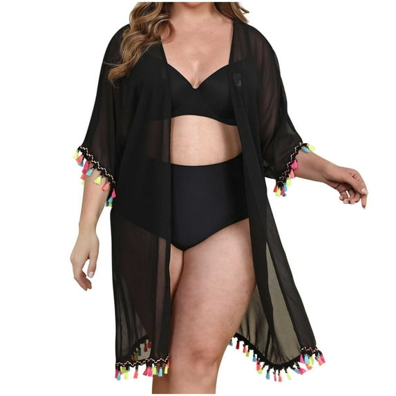 successthop Womens Swimsuit Cover Up Plus Size Tassel Loose Open Front Cardigan Short Sleeve Knitwear Solid Clothes 3XL