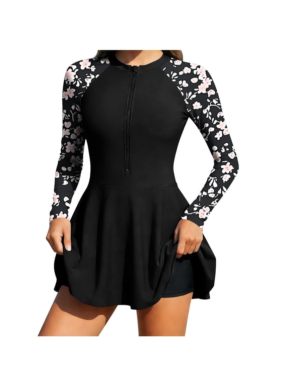 Womens Tankini Swimsuits 2 Piece with Skirt Half Zip Bathing Suit Padded Surfing Long Sleeve Swimwear Black