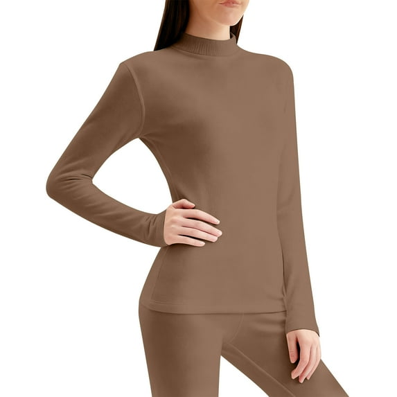 successthop Womens Thermal Underwear Sets Winter Plus Size Lightweight Soft Long Sleeve Crewneck Tops and Leggings Brown