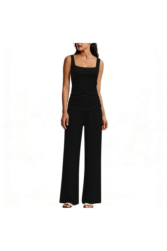 Womens Travel Outfits for Airplane 2 Piece Set Summer Outfits Tank Top Wide Leg Pantsuit Vacation Clothes