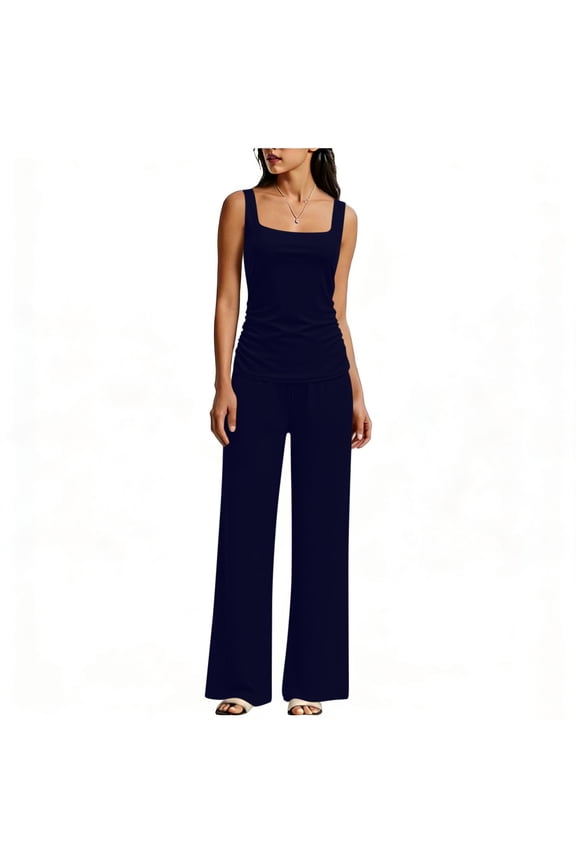 Womens Travel Outfits for Airplane 2 Piece Set Summer Outfits Tank Top Wide Leg Pantsuit Vacation Clothes