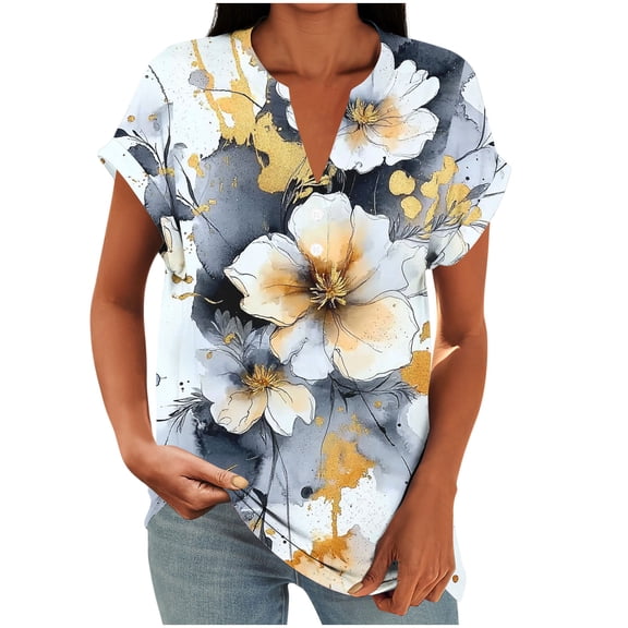 successthop Womens Tunic Tops Oversized V Neck with Button Clothes Lightweight Short Raglan Sleeve Shirt Floral T Shirt