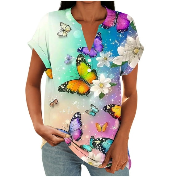 successthop Womens Tunic Tops with Buttons Oversized V Neck with Button Clothes Short Sleeve T Shirts Floral Shirts S