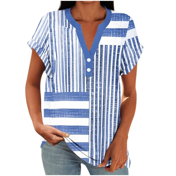 successthop Womens Tunic Tops with Buttons Oversized V Neck with Button T Shirt Short Raglan Sleeve Shirt Stripe Clothes