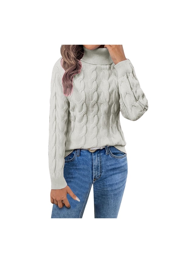 Womens Turtleneck Sweater Fall Cable Knit Long Sleeve Outwear Casual Pullover Top Ribbed Cuff Solid Clothes