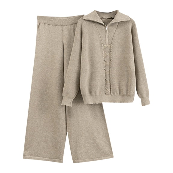 successthop Womens Two Piece Outfits Cozy Long Sleeve V Neck Zip Top and Casual Wide Leg Trousers Solid Lounge Set Brown