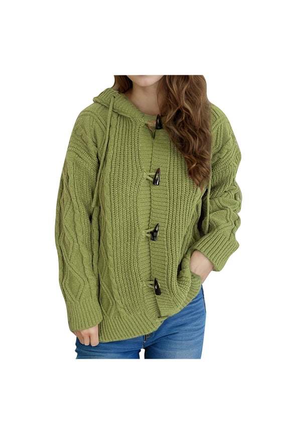 Womens V Neck Knit Sweater Cable Knit Long Sleeve Tops Chunky Hooded Cardigan Ribbed Cuff Solid Clothes M