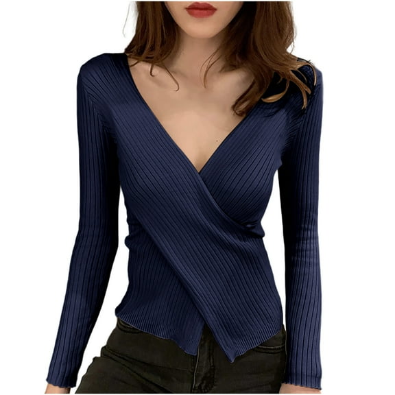 successthop Womens V Neck Knit Sweater Long Sleeve Tops Lightweight Pleated Trendy Pullover Outwear Solid Clothes Blue