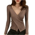 thumbnail image 1 of successthop Womens V Neck Knit Sweater Long Sleeve Tops Lightweight Pleated Trendy Pullover Outwear Solid Clothes Brown, 1 of 5