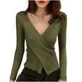 thumbnail image 1 of successthop Womens V Neck Knit Sweater Long Sleeve Tops Lightweight Pleated Trendy Pullover Outwear Solid Clothes Green, 1 of 5