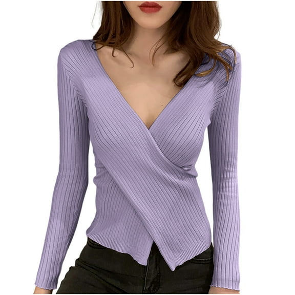 successthop Womens V Neck Knit Sweater Long Sleeve Tops Lightweight Pleated Trendy Pullover Outwear Solid Clothes Purple
