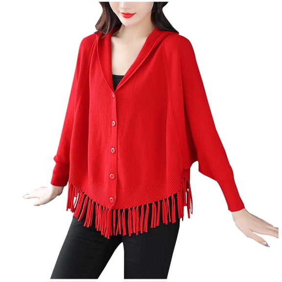 successthop Womens V Neck Knit Sweaters Fleece Long Sleeve Cardigan Fringe Stylish Outwear Button Boho Solid Clothes Red