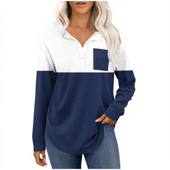 successthop Womens V Neck Shirts Long Sleeve Tunic Tops Button Pullover T Shirts Color Block Casual Clothes Blue M