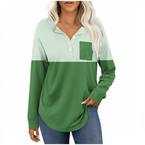 successthop Womens V Neck Shirts Long Sleeve Tunic Tops Button Pullover T Shirts Color Block Casual Clothes Green L