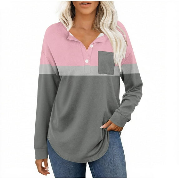 successthop Womens V Neck Shirts Long Sleeve Tunic Tops Button Pullover T Shirts Color Block Stylish Clothes Pink L