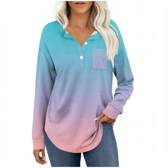 successthop Womens V Neck Shirts Long Sleeve Tunic Tops Button Pullover T Shirts Print Casual Clothes Blue 2XL