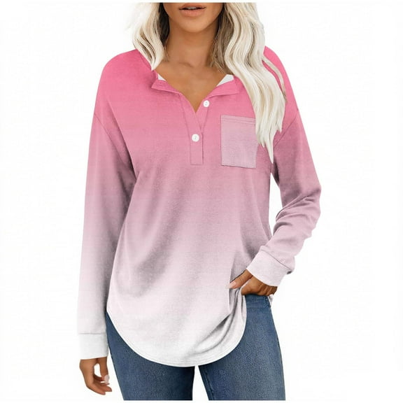 successthop Womens V Neck Shirts Long Sleeve Tunic Tops Button Pullover T Shirts Print Casual Clothes Pink 2XL