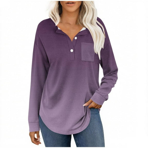 successthop Womens V Neck Shirts Long Sleeve Tunic Tops Button Pullover T Shirts Print Casual Clothes Purple M