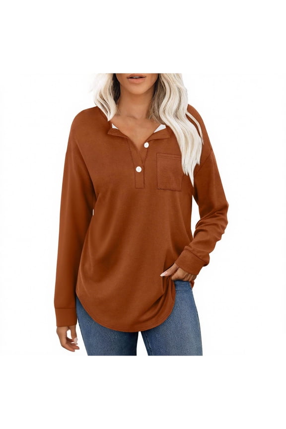 Womens V Neck Shirts Long Sleeve Tunic Tops Button Pullover T Shirts Solid Dressy Clothes Orange 2XL