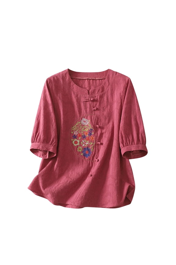 Womens V Neck T Shirts Chinese Ethnic Embroidery Floral Tops Frog Button Short Sleeve Shirts Clothes Pink XL