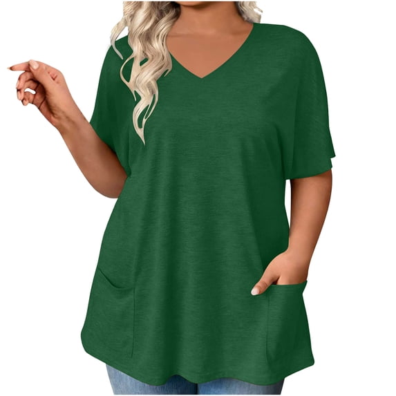 successthop Womens V Neck T Shirts Lightweight Tunic Tops with Pockets Pullover Short Sleeve Shirt Solid Clothes Green