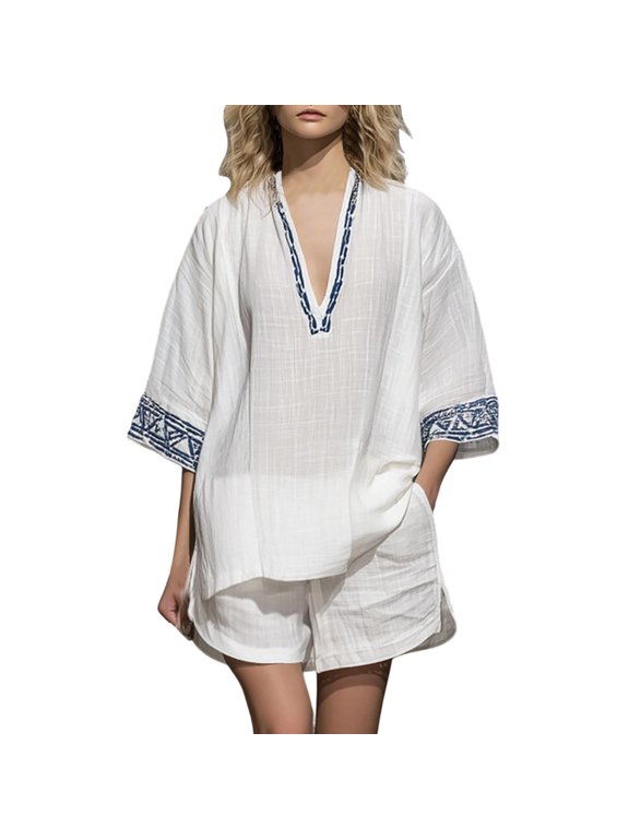 Womens Vacation Outfits for a Cruise 2 Piece Set V Neck Aztec Print Top Top Split Hem Summer Shorts Set 3XL