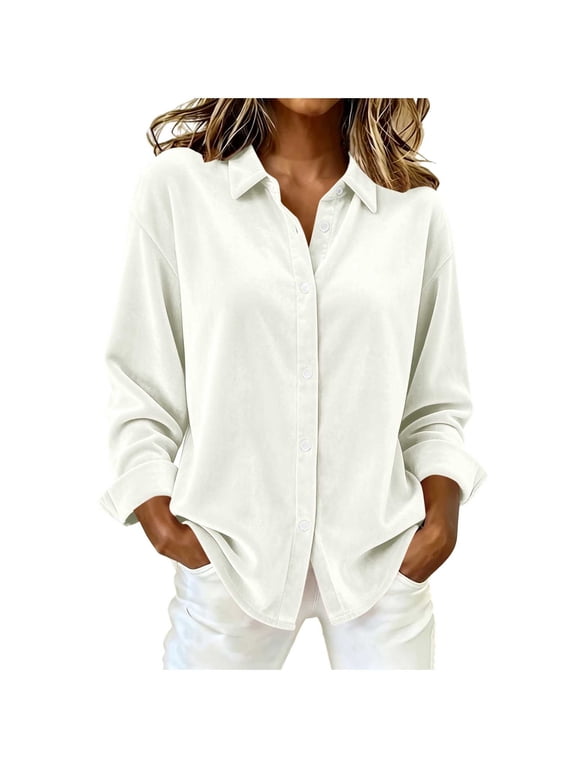 Womens Velour Button Down Shirts Long Sleeve Collared Blouse Rolled Solid Winter Vacation Plus Size Tops