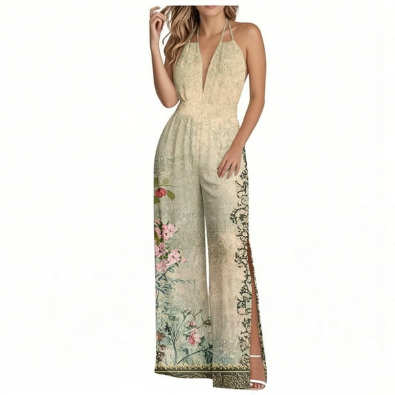successthop Womens Wedding Guest Jumpsuits Dressy Baggy V Neck One Piece Tie Back Elastic Wide Leg Floral Lounge Wear