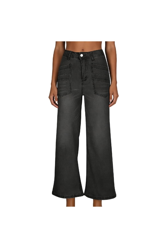 Womens Wide Leg Jeans Cropped Straight Leg Trousers Button Loose Casual Denim Pant Zip Up Summer Clothes S