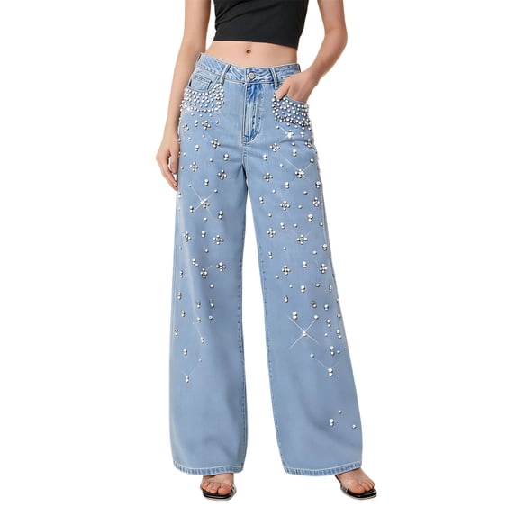 successthop Womens Wide Leg Jeans Denim Pant Loose Open Bottom Trousers Flowy Summer Vacation Clothes with Pockets Blue
