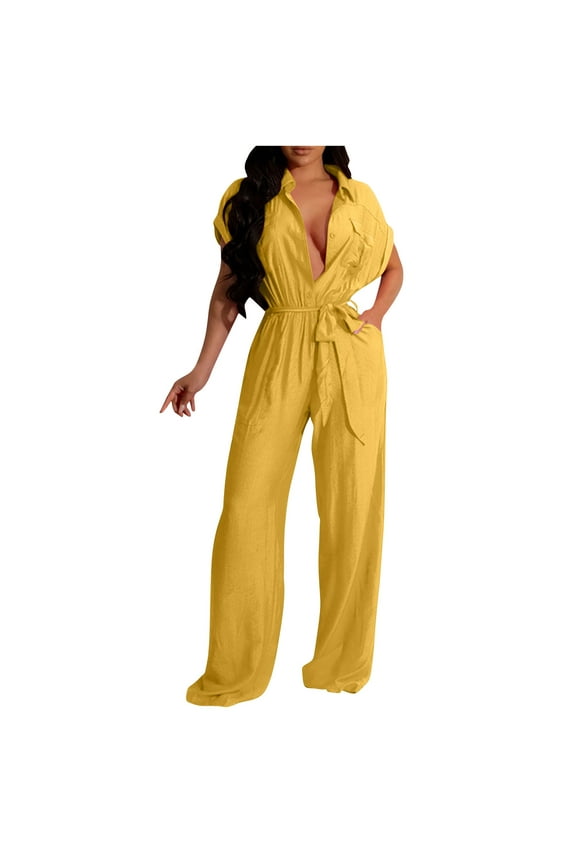 Womens Wide Leg Jumpsuits Dressy Baggy V Neck Short Sleeve Belted Elastic Solid One Piece with Pockets XL