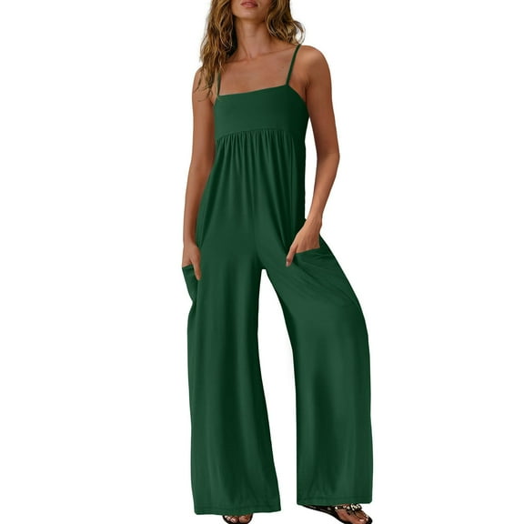 successthop Womens Wide Leg Jumpsuits Dressy Sleeveless One Piece Spaghetti Strap Lounge Wear Solid Pants with Pockets M