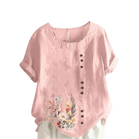 successthop Womens Work Shirts Short Sleeve Casual Plus Size Crewneck Top Breathable Button T Shirts Floral Clothes Pink