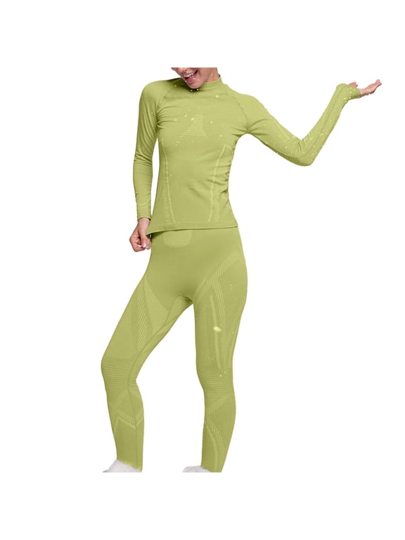 Wool Base Layer Women Wool Fleece Stay Dry Ski Soft Long Sleeve Crewneck Tops and Comfortable Leggings Solid