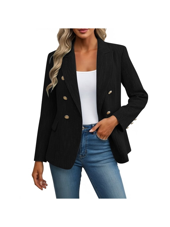 Wool Blazers for Women Long Sleeve Lapel Suit Jacket Button Down Plus Size Business Blazer with Pockets