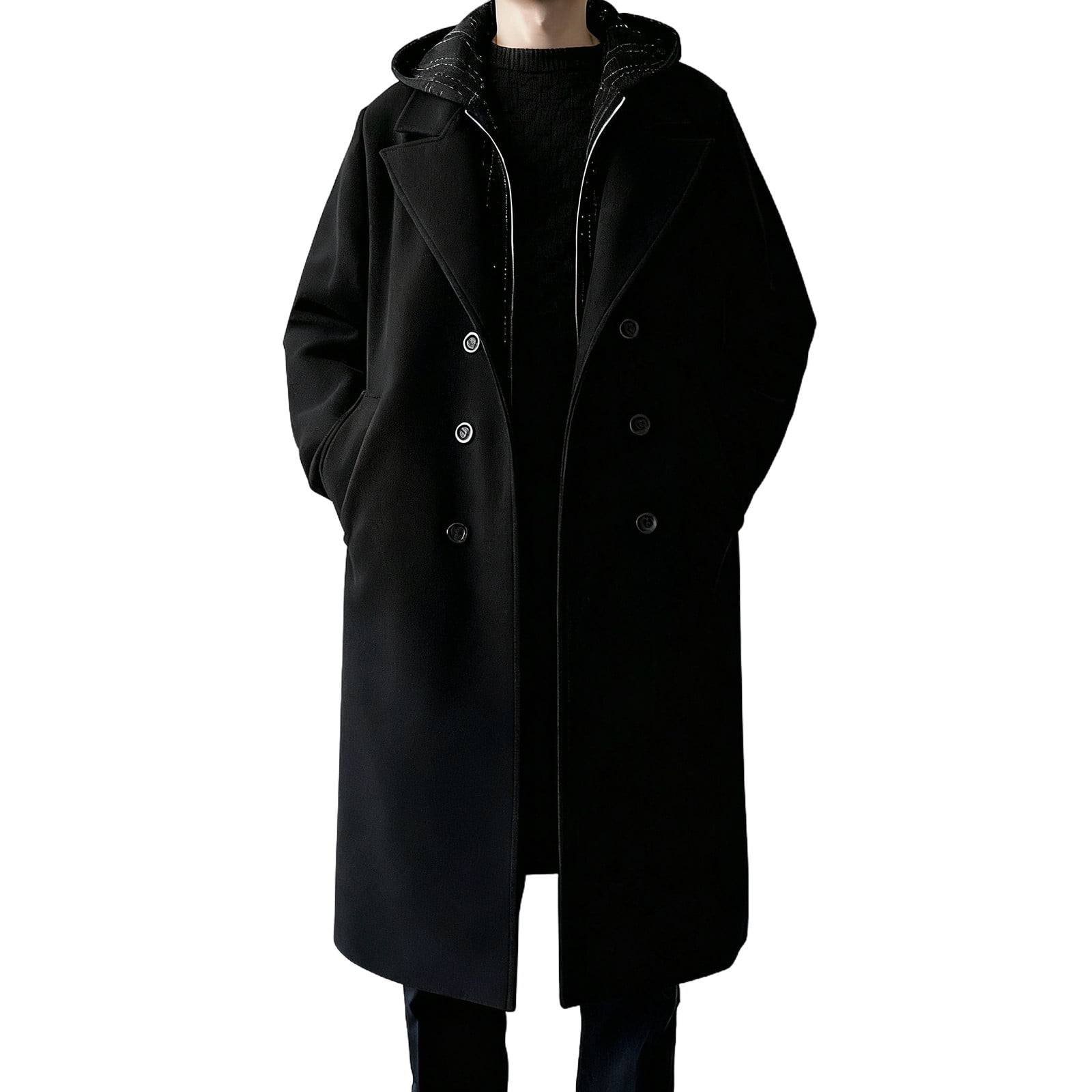 successthop Wool Blend Coat Men Fake Two Pieces Hooded Jackets