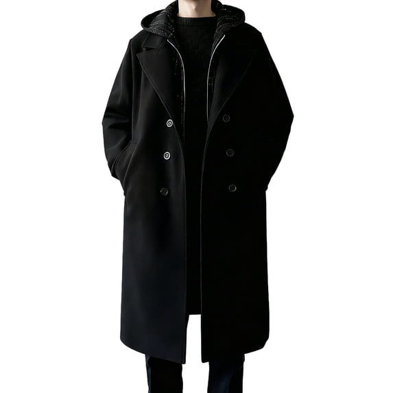 successthop Wool Blend Coat Men Fake Two Pieces Hooded Jackets with Pockets Double Breasted Clothes Solid Stylish Trench