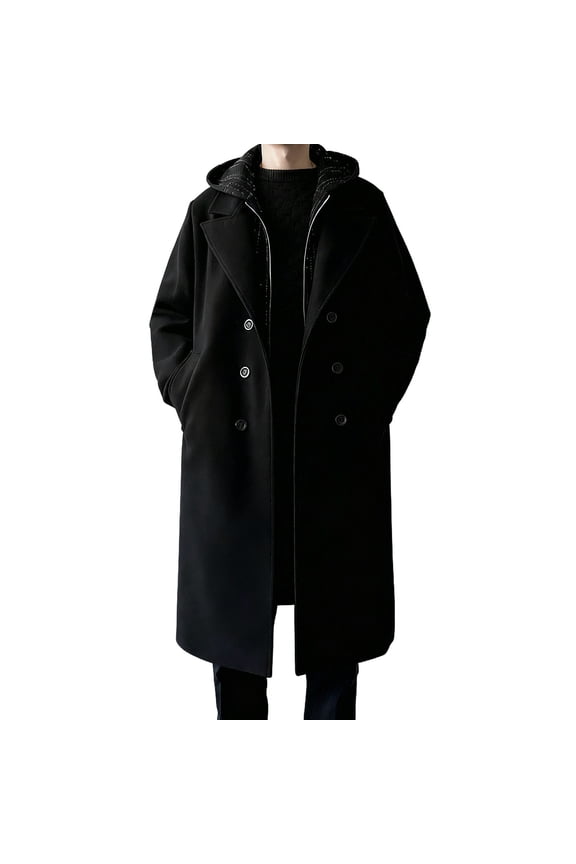 Wool Blend Coat Men Fake Two Pieces Hooded Jackets with Pockets Double Breasted Clothes Solid Stylish Trench