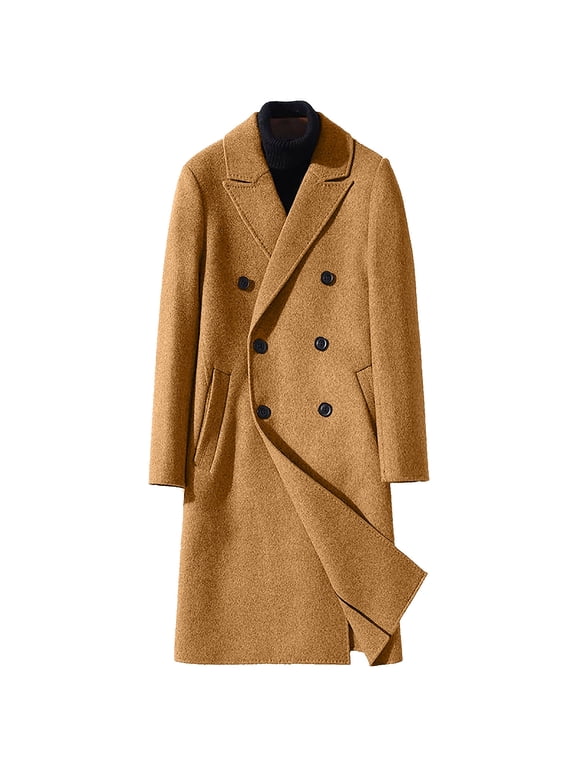 Wool Blend Coat Men Notched Lapel Jacket with Pockets Double Breasted Clothes Solid Stylish Trench Brown M